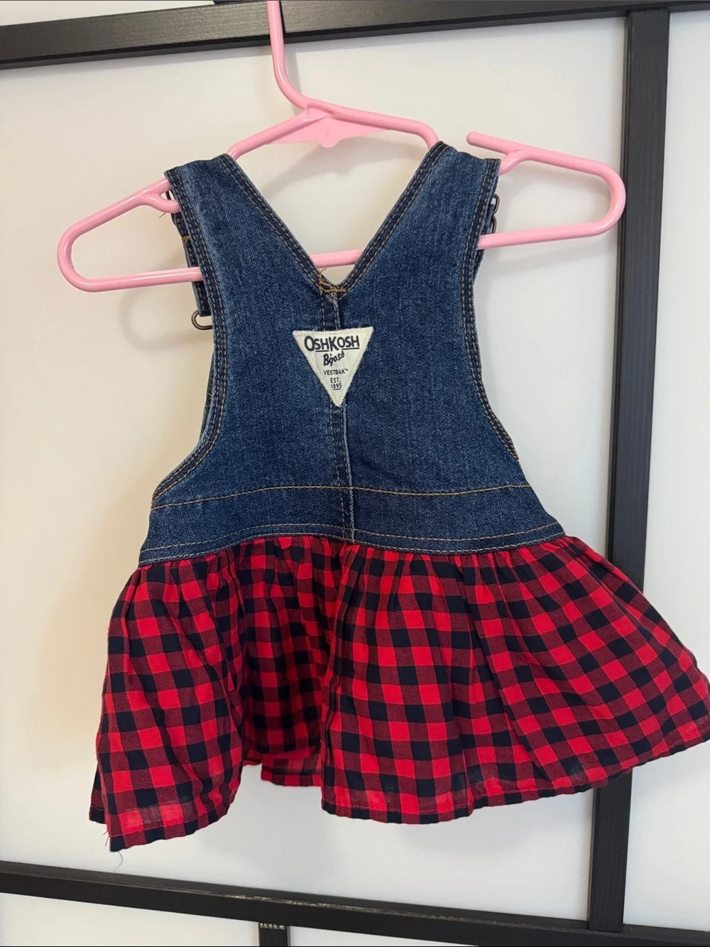 OshKosh B'gosh Denim Bib Overall Skirt with Red Black Plaid